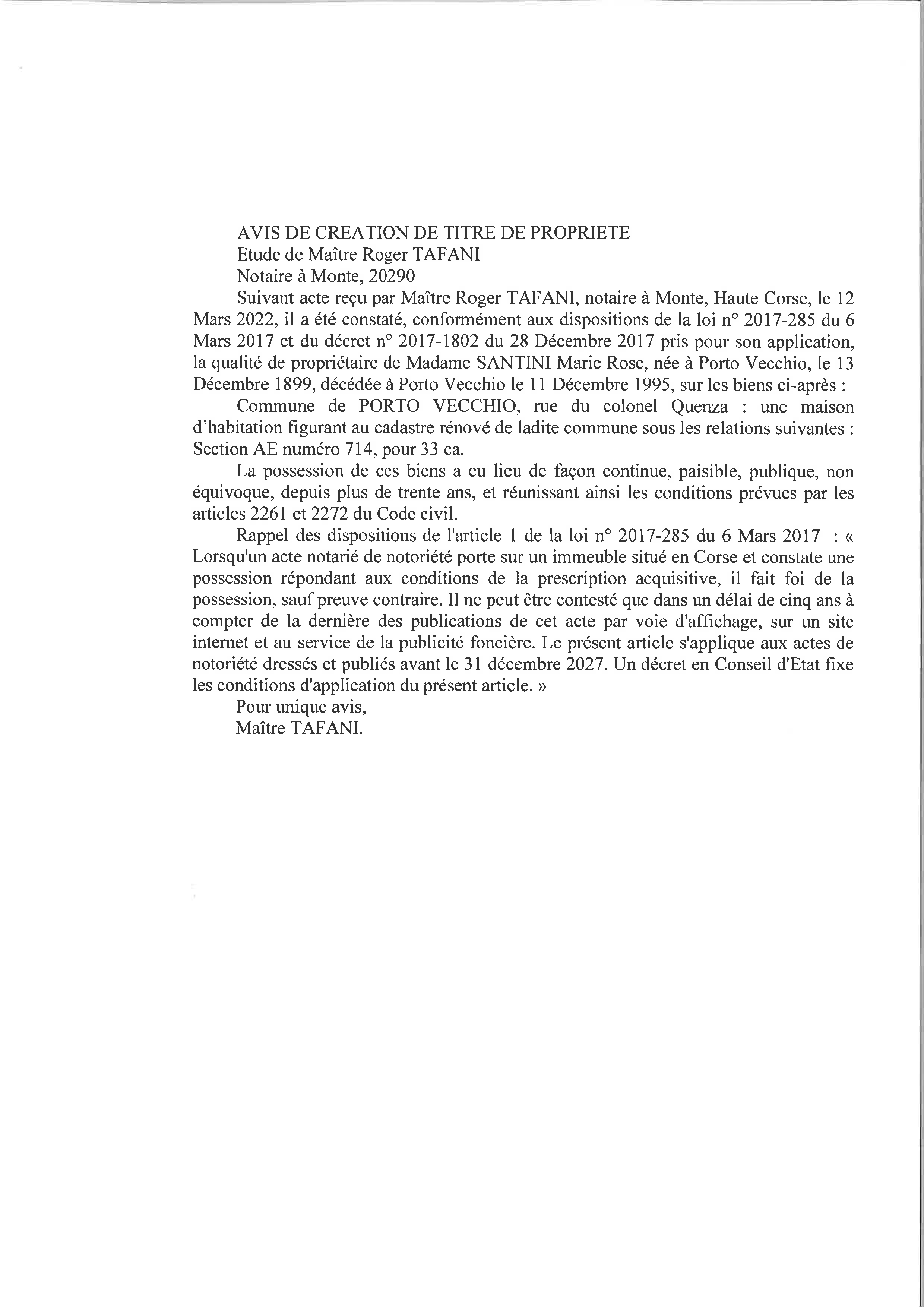  Avis de création de titre de propriété -Commune de Porto-Vecchio (Corse-du-Sud) 