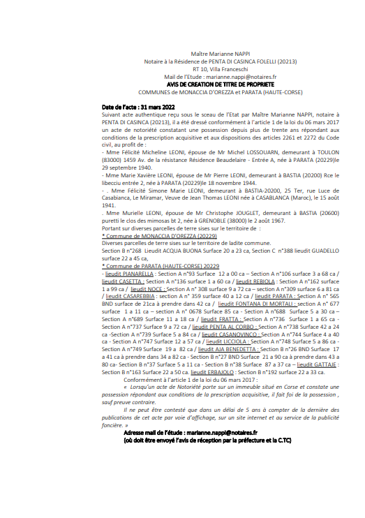 Avis de création de titre de propriété -Commune de Monaccia d'Orezza et Parata (Haute-Corse) 