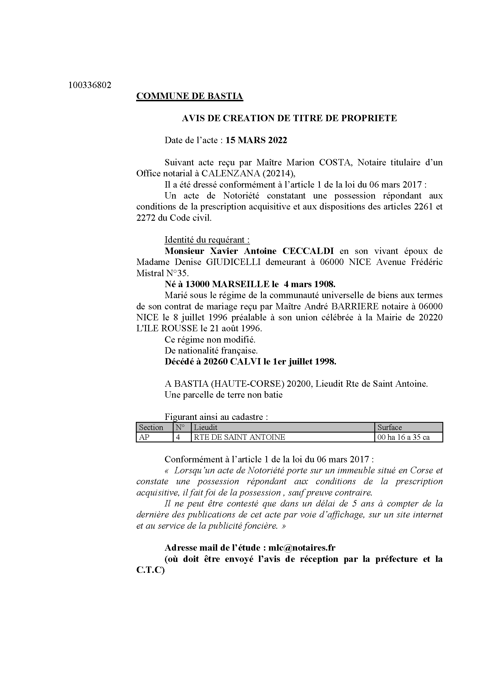 Avis de création de titre de propriété -Commune de Bastia (Haute-Corse) 