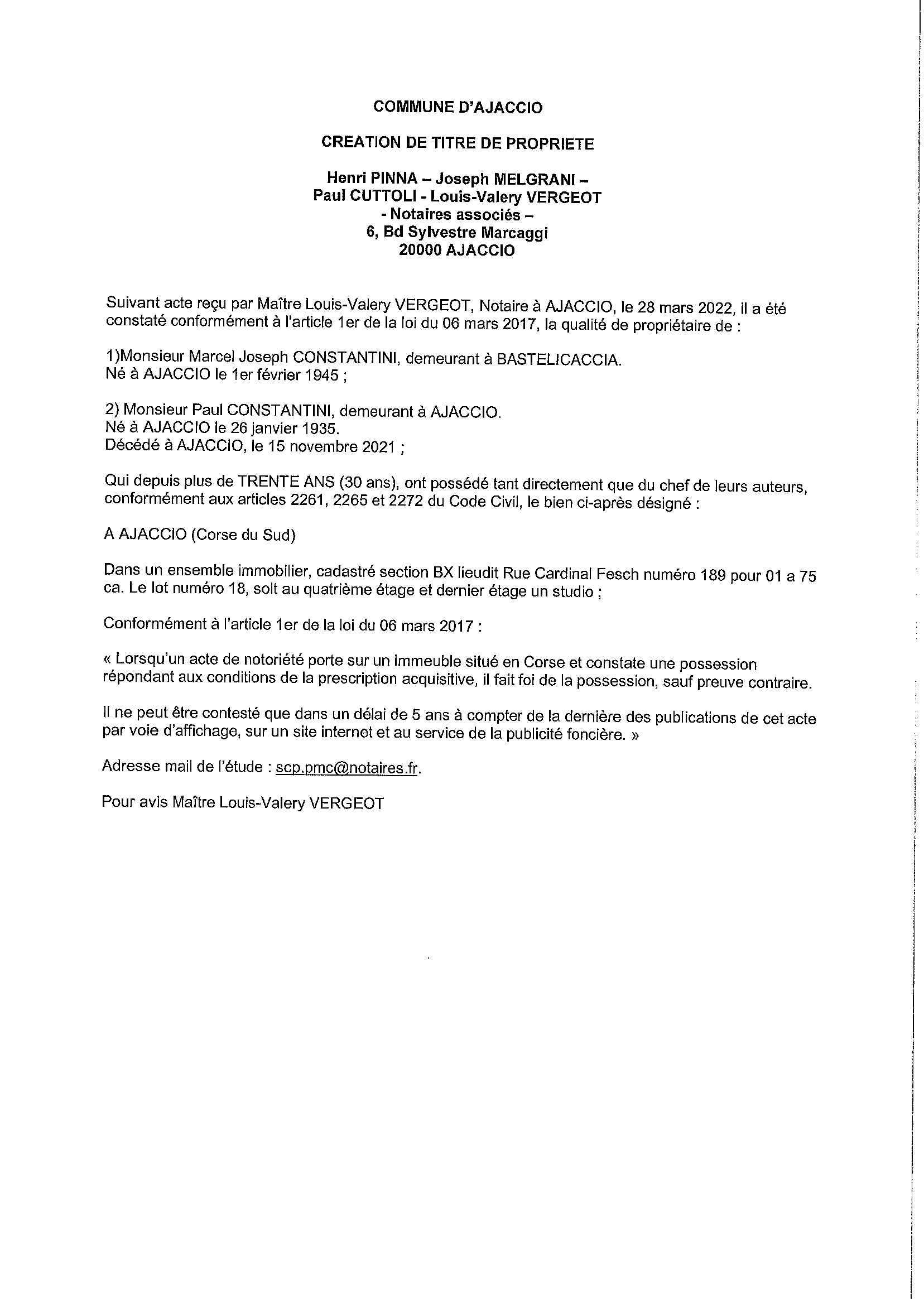 Avis de création de titre de propriété -Commune d'Ajaccio (Corse-du-Sud) 