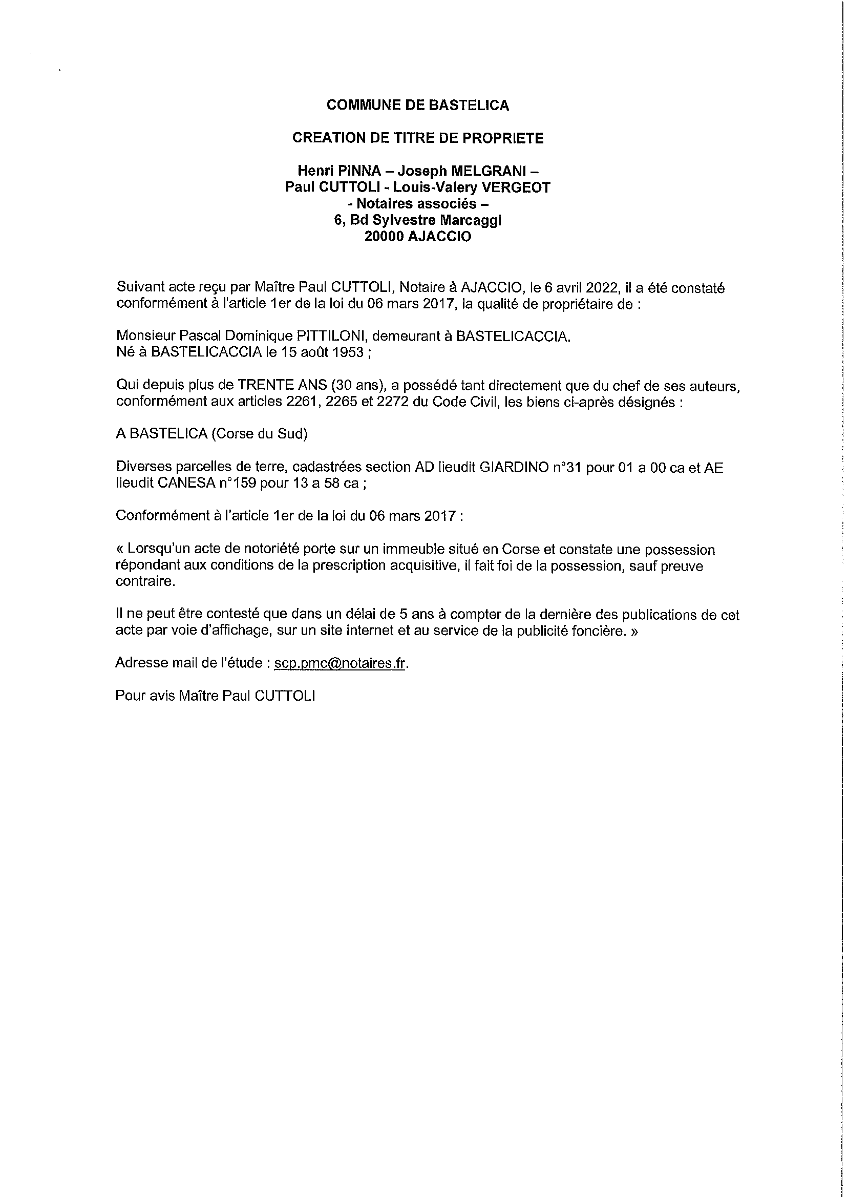 Avis de création de titre de propriété -Commune de Bastelica (Corse-du-Sud) 