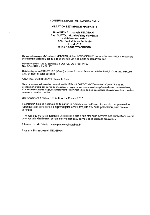 Avis de création de titre de propriété -Commune de Cuttoli-Corticchiato (Corse-du-Sud)   Avis de création de titre de propriété -Commune de Cuttoli-Corticchiato (Corse-du-Sud)