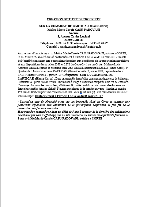 Avis de création de titre de propriété -Commune de Carticasi (Haute-Corse) 