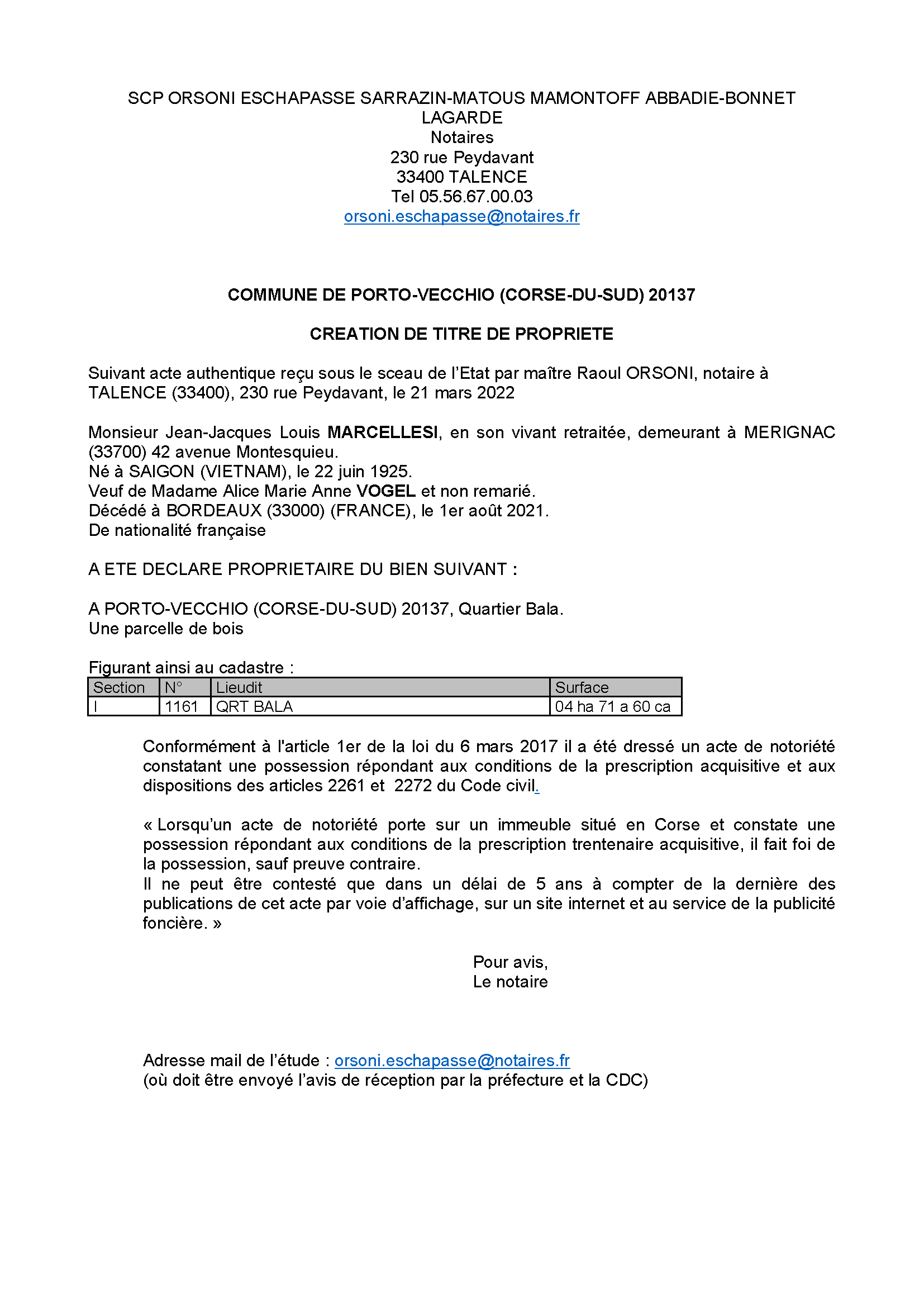  Avis de création de titre de propriété -Commune de Porto-Vecchio (Corse-du-Sud) 