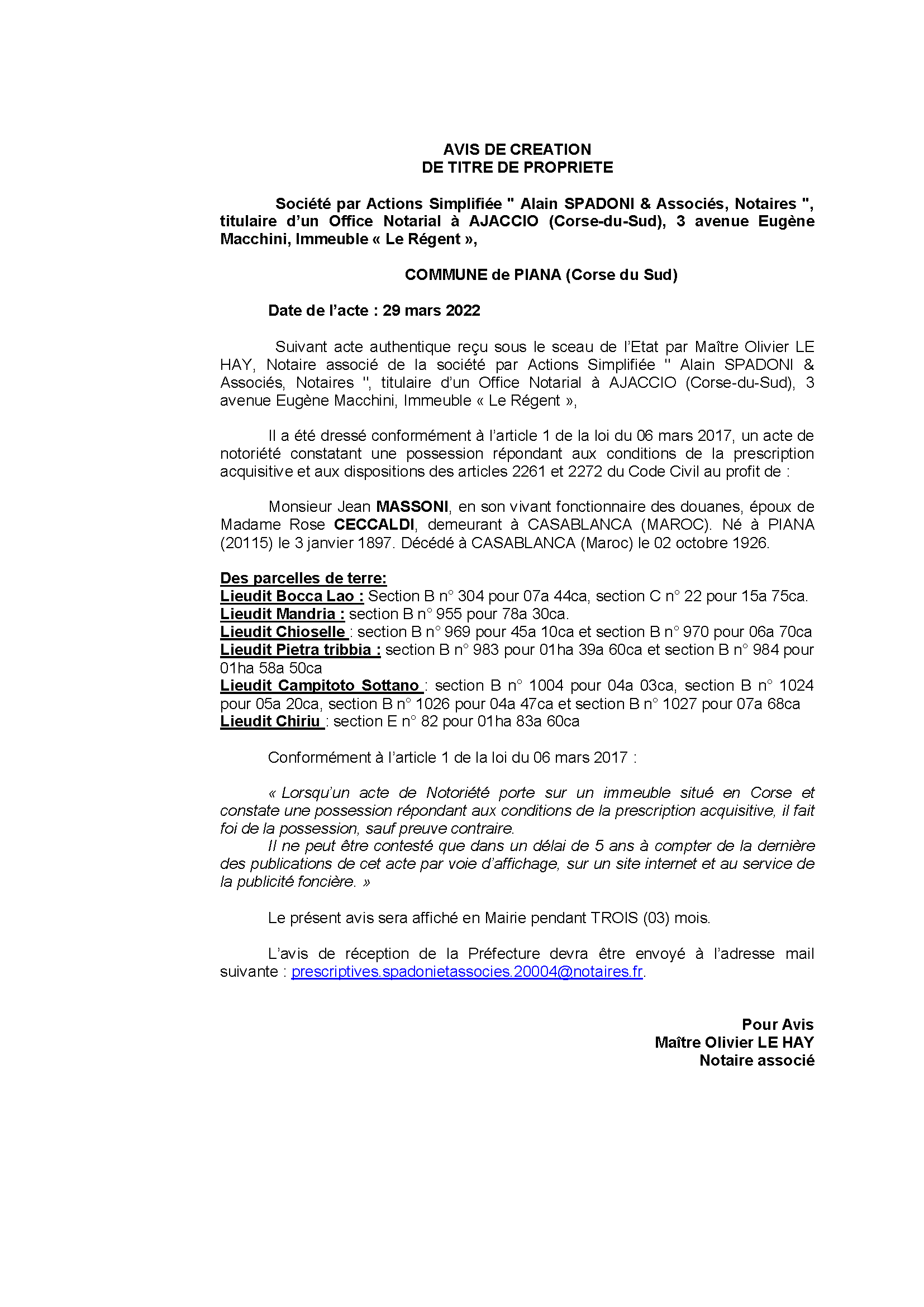 Avis de création de titre de propriété -Commune de Piana (Corse-du-Sud) 