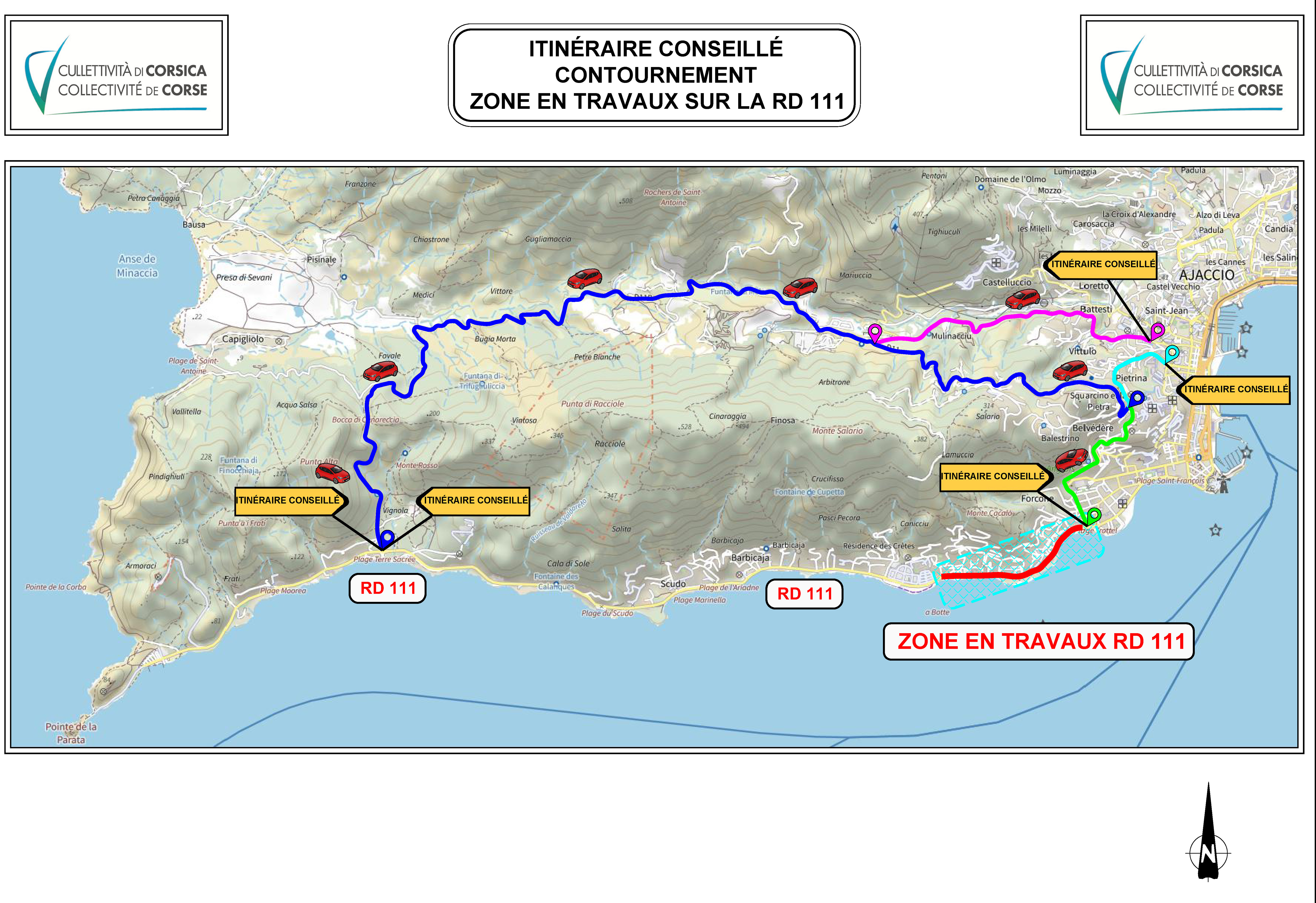 Travaux sur la route des Sanguinaires (RD111 – Trottel/Cimetière) : Itinéraire alternatif par la route de Capu di Fenu, Aiacciu