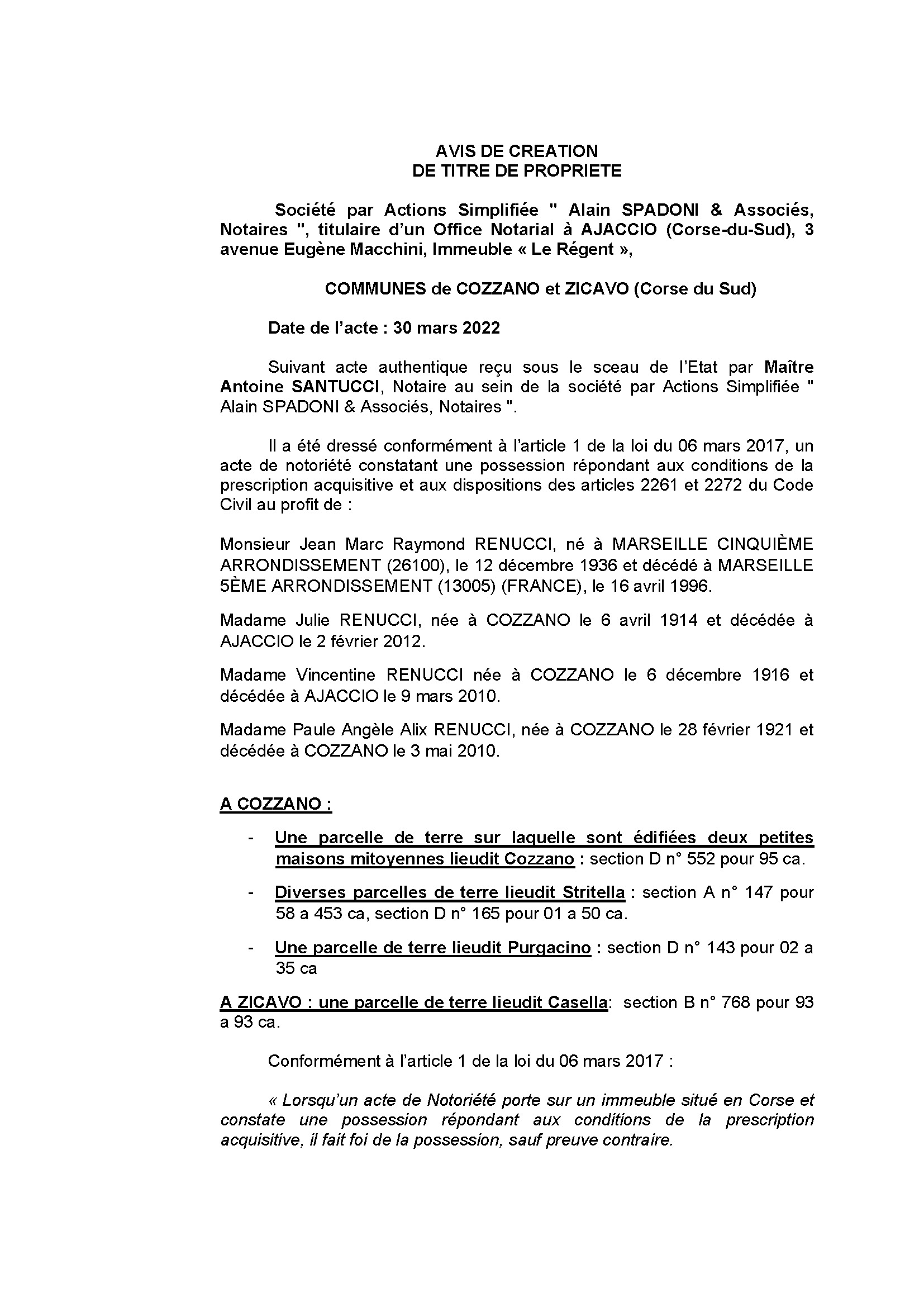 Avis de création de titre de propriété -Communes de Cozzano et Zicavo (Corse-du-Sud) 