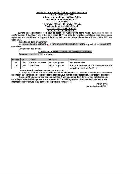 Avis de création de titre de propriété -Commune de Prunelli-di-Fiumorbo (Haute-Corse) 