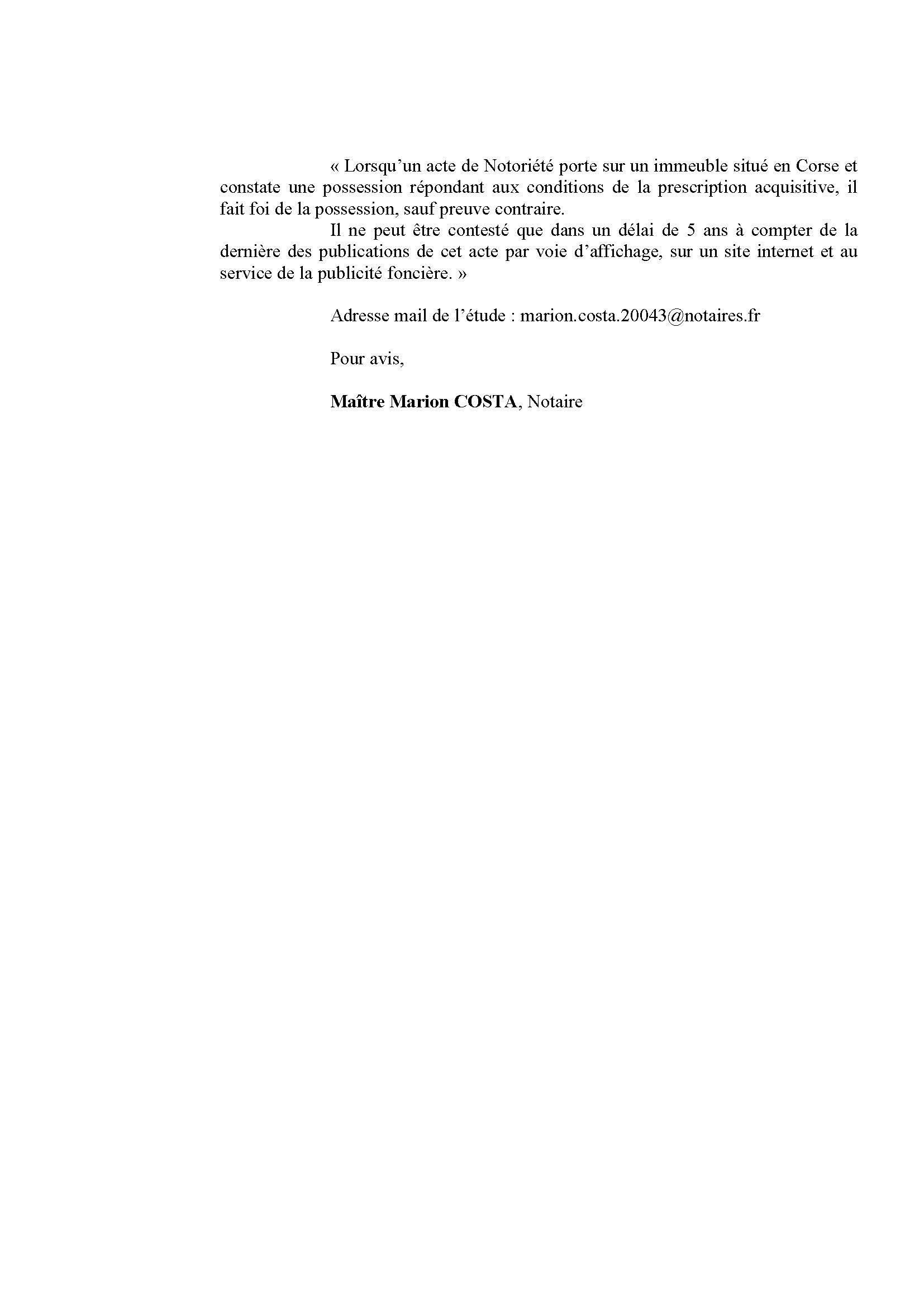 Avis de création de titre de propriété -Commune de Galeria (Haute-Corse)