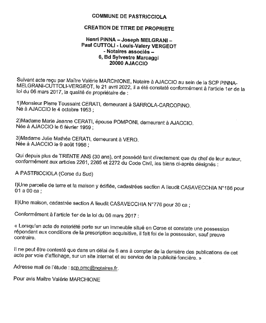 Avis de création de titre de propriété - Commune de Pastricciola (Corse du Sud)  Avis de création de titre de propriété - Commune de Pastricciola (Corse du Sud)