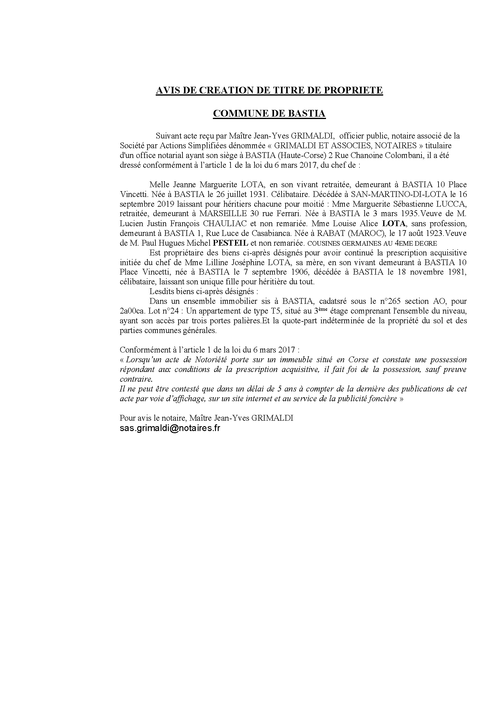 Avis de création de titre de propriété - Commune de Bastia (Haute-Corse) 