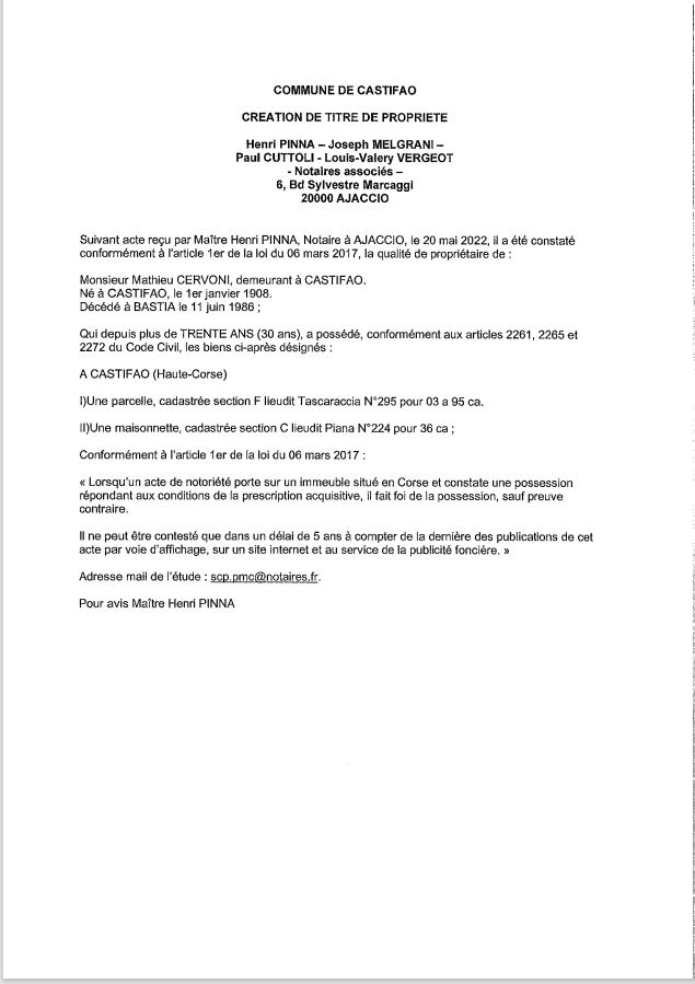  Avis de création de titre de propriété -Commune de Castifao (Haute-Corse) 
