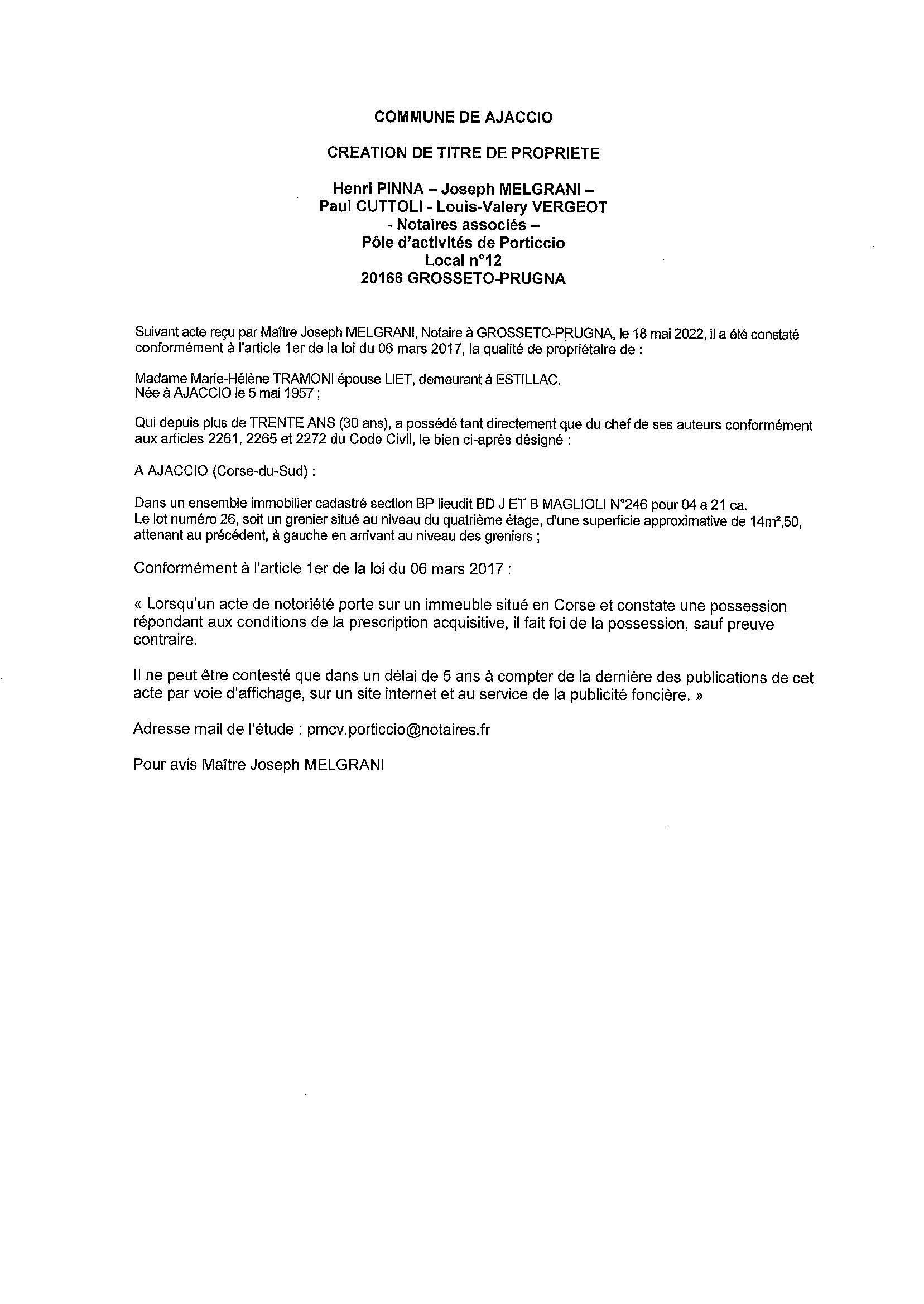 Avis de création de titre de propriété -Commune d'Ajaccio (Corse-du-Sud) 