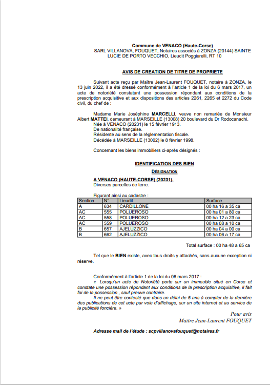  Avis de création de titre de propriété -Commune de Venaco (Haute-Corse) 