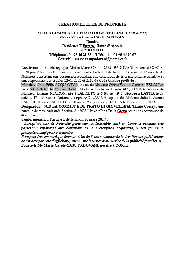 Avis de création de titre de propriété -Commune de Prato Giovellina (Haute-Corse) 