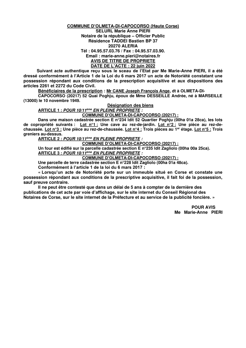 Avis de création de titre de propriété -Commune d'Olmeta-di-Capocorso (Haute-Corse) 