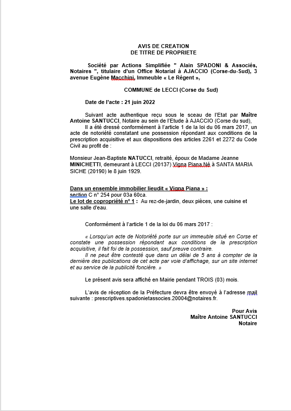 Avis de création de titre de propriété -Commune de Lecci (Corse-du-Sud) 