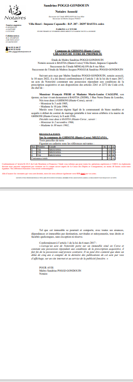  Avis de création de titre de propriété -Commune de Ghisoni (Haute-Corse) 