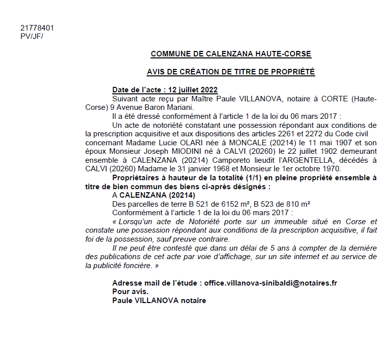 Avis de création de titre de propriété - Commune de Calenzana (Haute-Corse) 