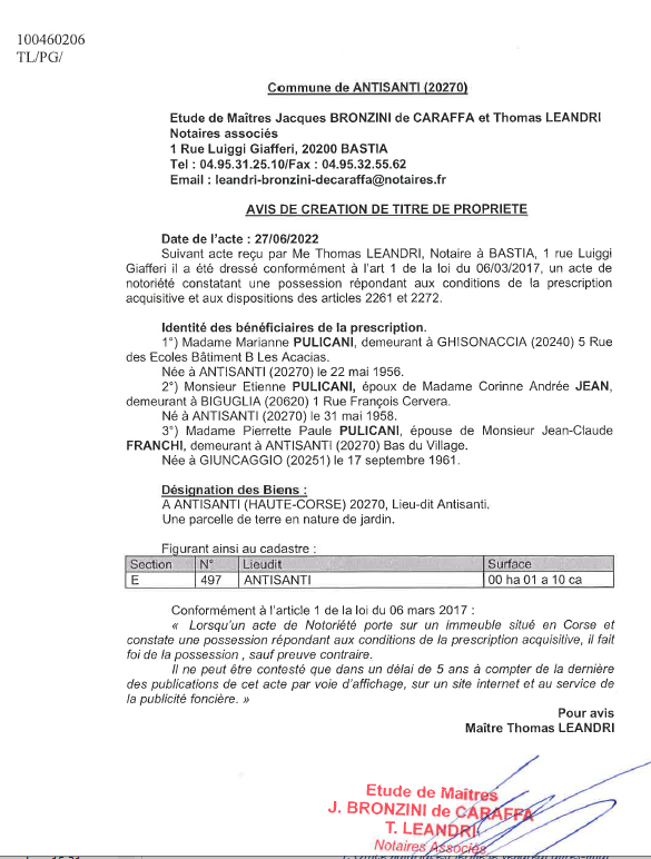 Avis de création de titre de propriété - Commune d'Antisanti (Haute-Corse)  Avis de création de titre de propriété - Commune d'Antisanti (Haute-Corse)