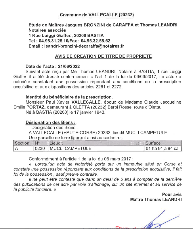 Avis de création de titre de propriété - Commune de Vallecalle (Haute-Corse)  Avis de création de titre de propriété - Commune de Vallecalle (Haute-Corse)