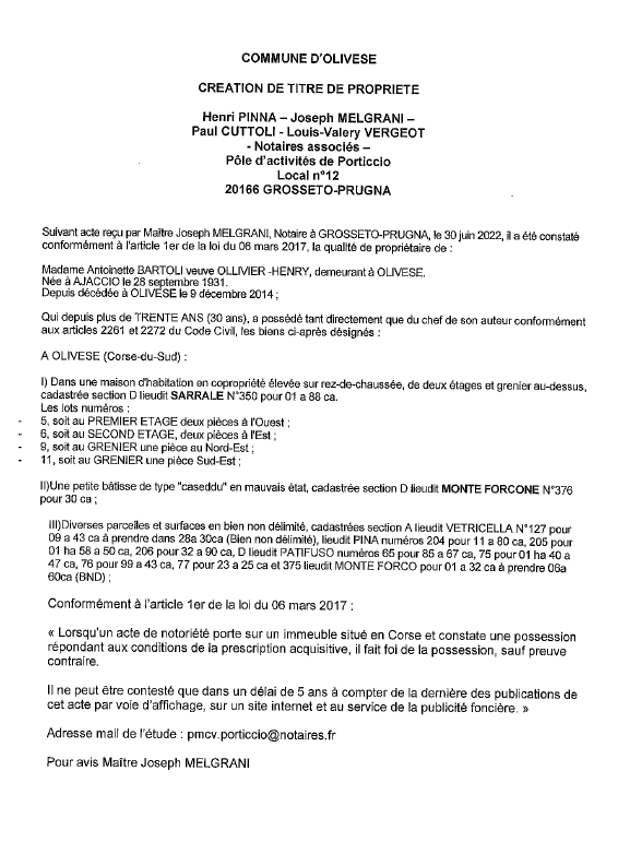 Avis de création de titre de propriété - Commune d'Olivese (Corse du sud)