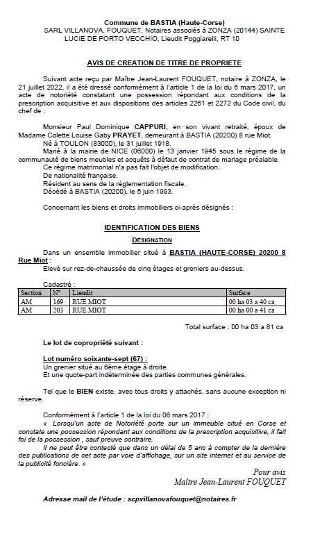 Avis de création de titre de propriété - Commune de Bastia (Haute Corse)