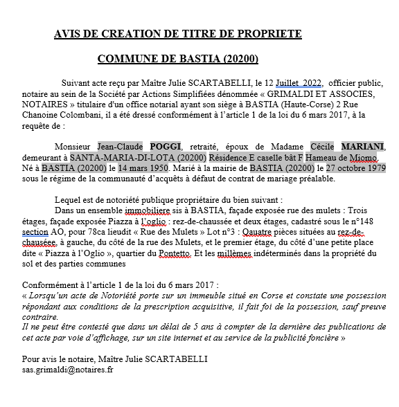 Avis de création de titre de propriété - Commune de Bastia (Haute Corse) Avis de création de titre de propriété - Commune de Bastia (Haute Corse)