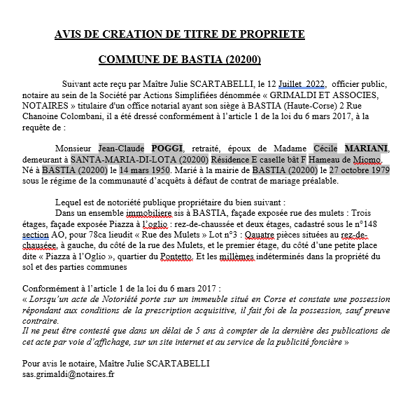 Avis de création de titre de propriété - Commune de Bastia (Haute Corse)