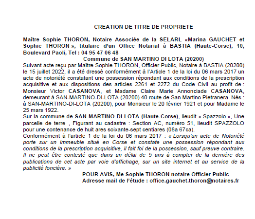 Avis de création de titre de propriété - Commune de San Martino di Lota (Haute Corse)