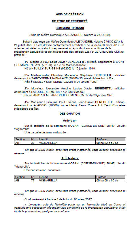Avis de création de titre de propriété - Commune d'Osani (Corse du sud)