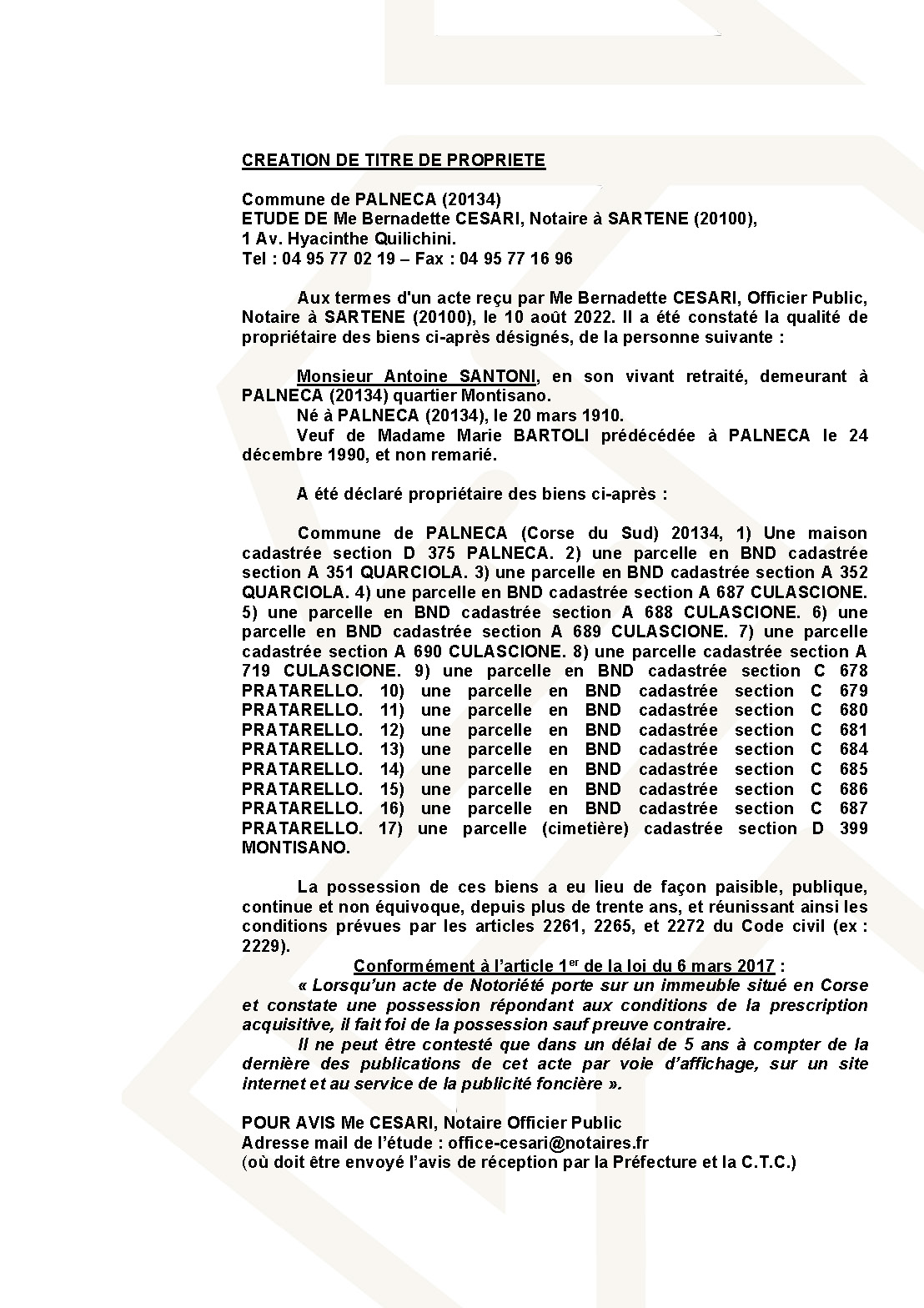 Avis de création de titre de propriété - Commune de Palneca (Corse-du-Sud)