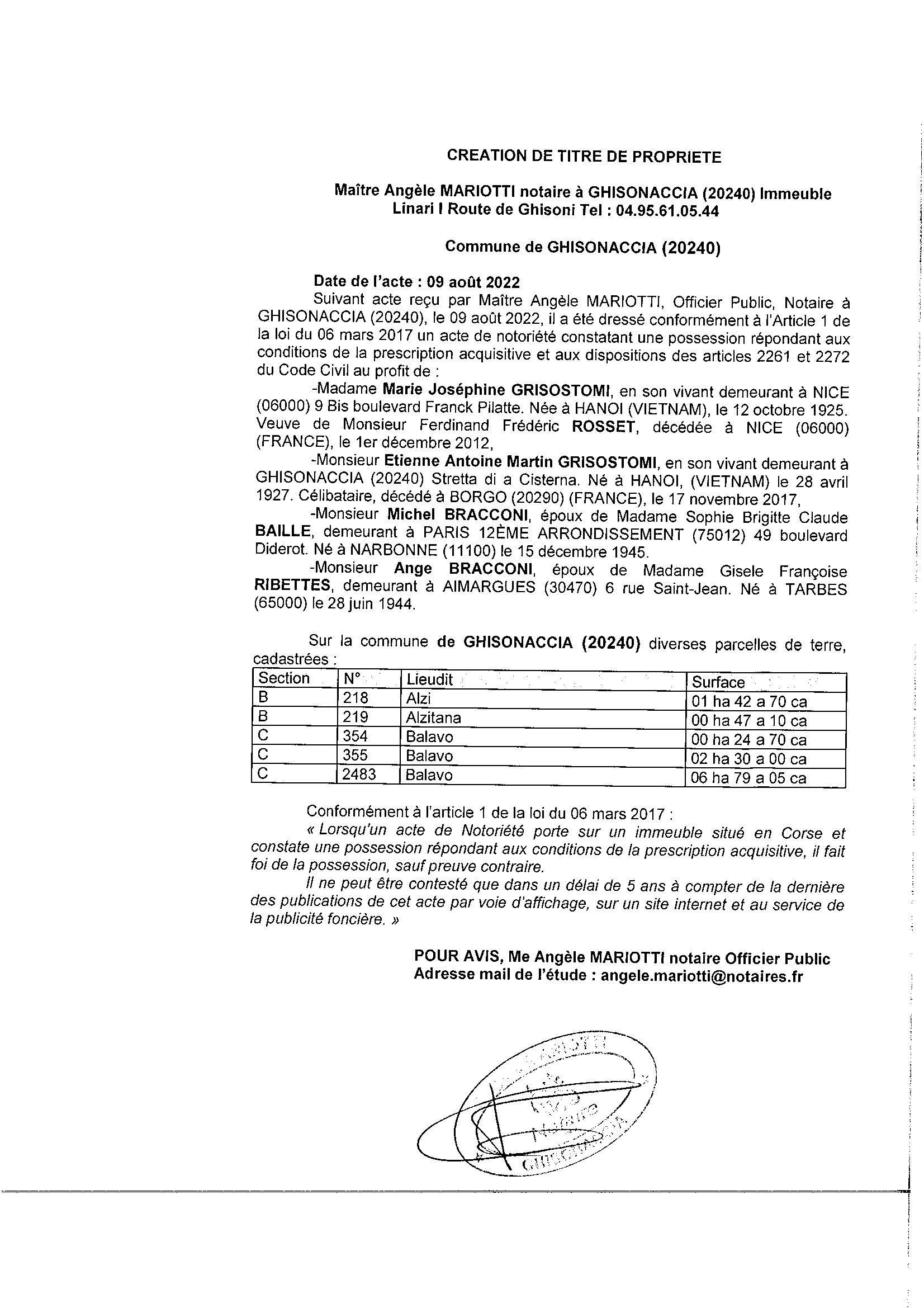 Avis de création de titre de propriété - Commune de Ghisonaccia (Haute-Corse)