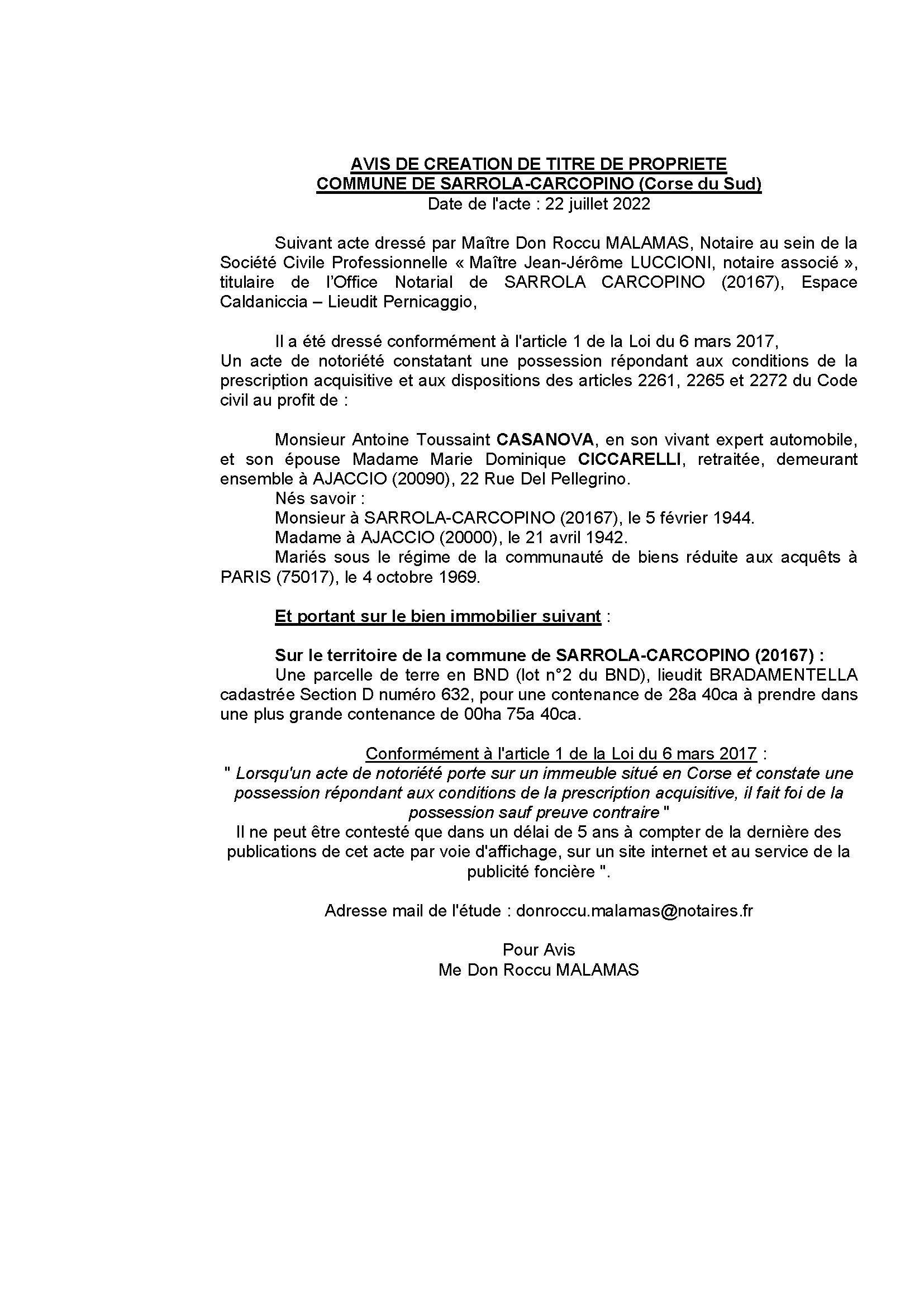 Avis de création de titre de propriété - Commune de Sarrola-Carcopino (Corse-du-Sud)