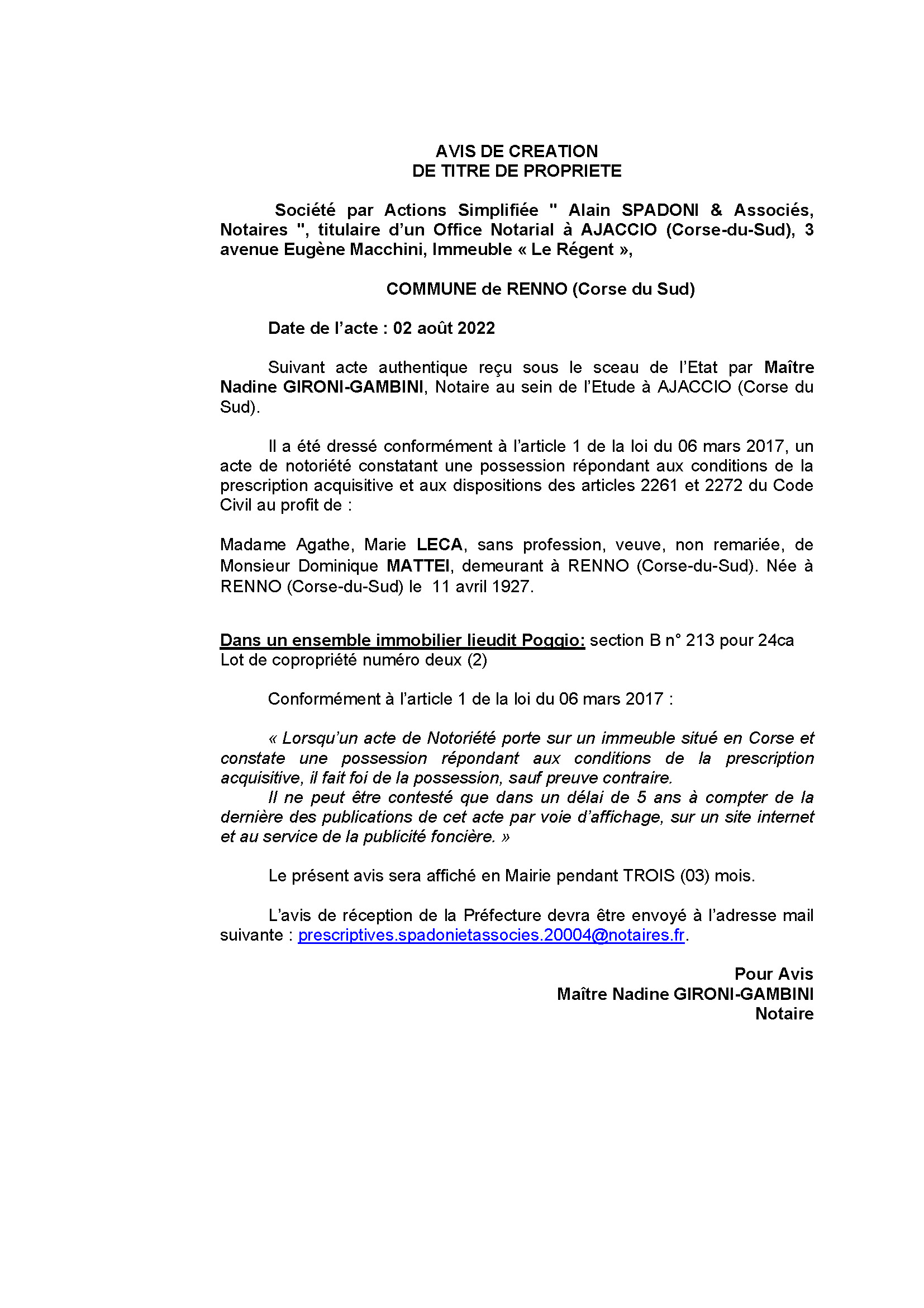 Avis de création de titre de propriété - Commune de Renno (Corse-du-Sud)