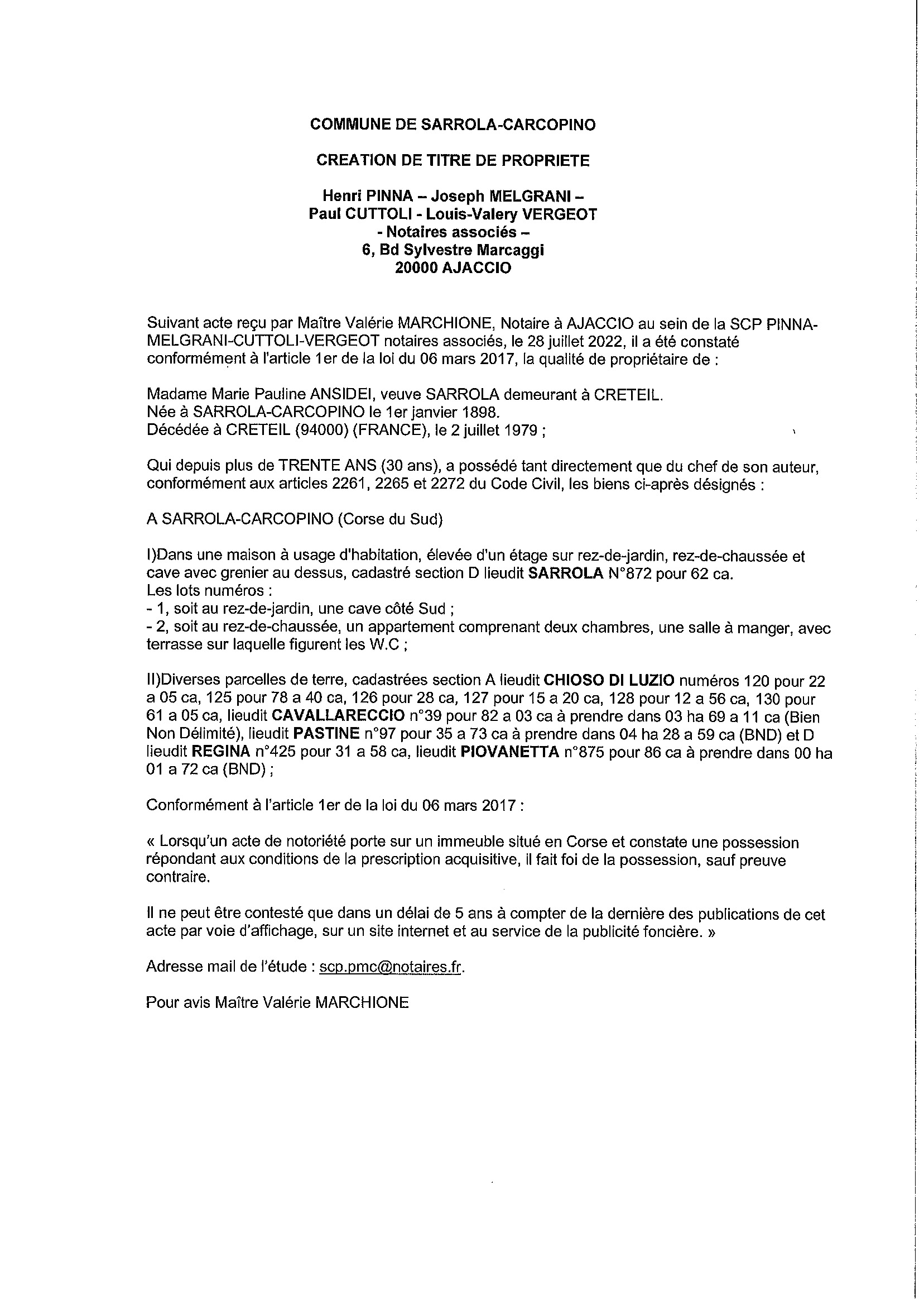 Avis de création de titre de propriété - Commune de Sarrola-Carcopino (Corse-du-Sud)