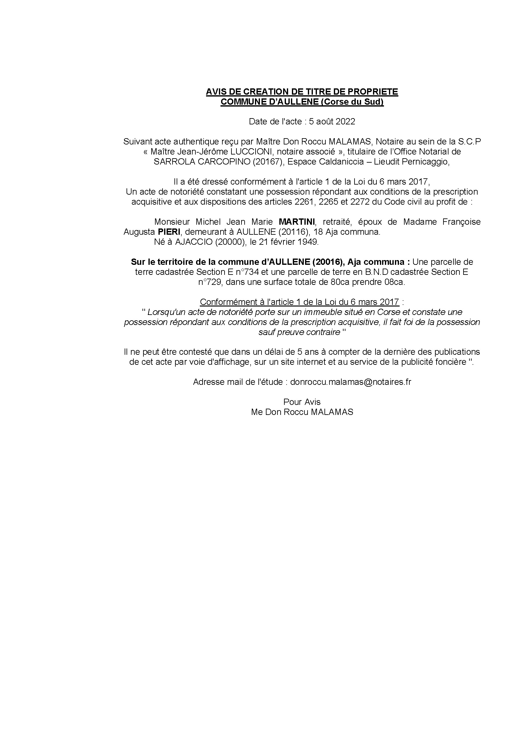 Avis de création de titre de propriété - Commune d'Aullène (Corse-du-Sud)