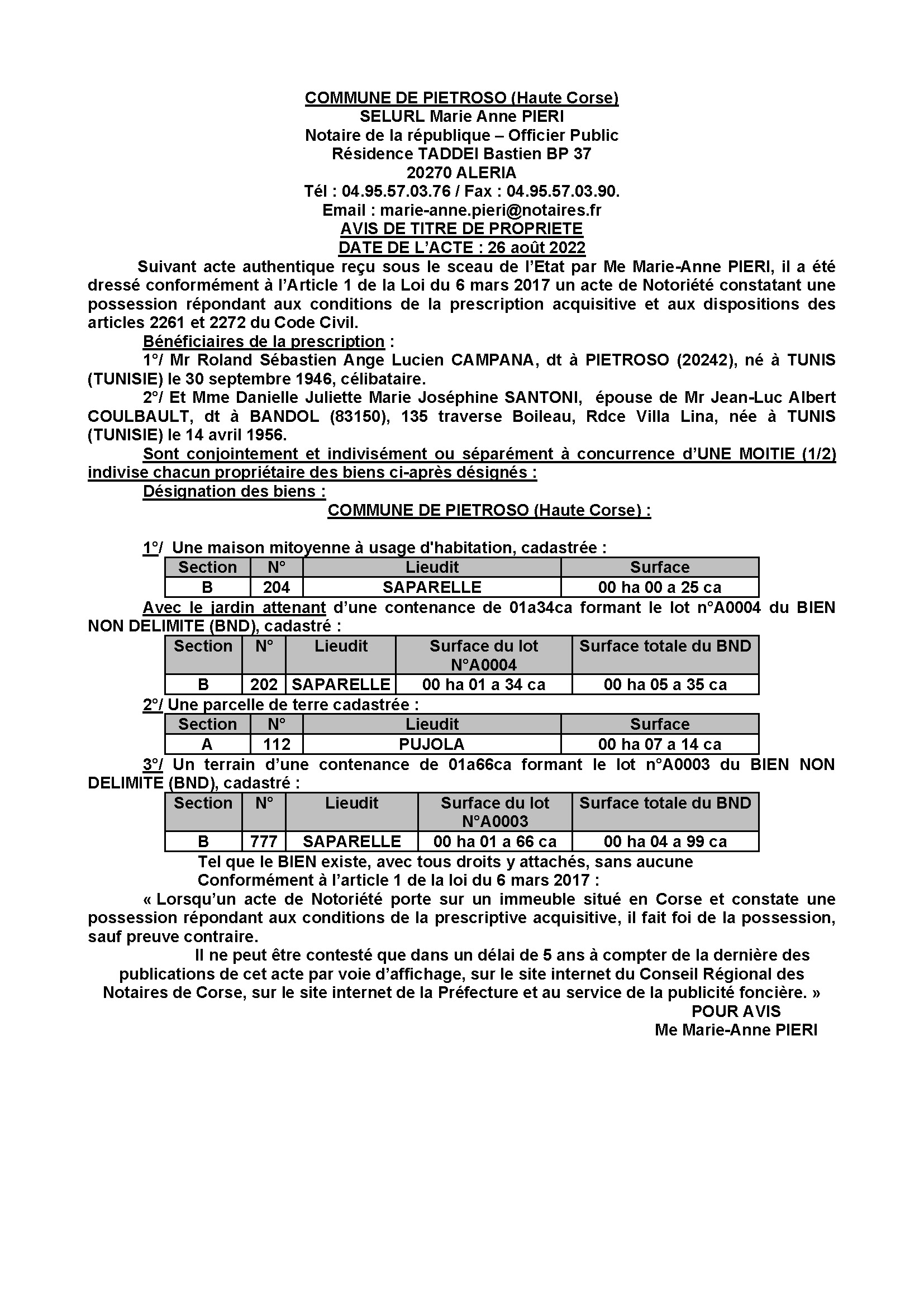 Avis de création de titre de propriété - Commune de Pietroso (Haute-Corse)