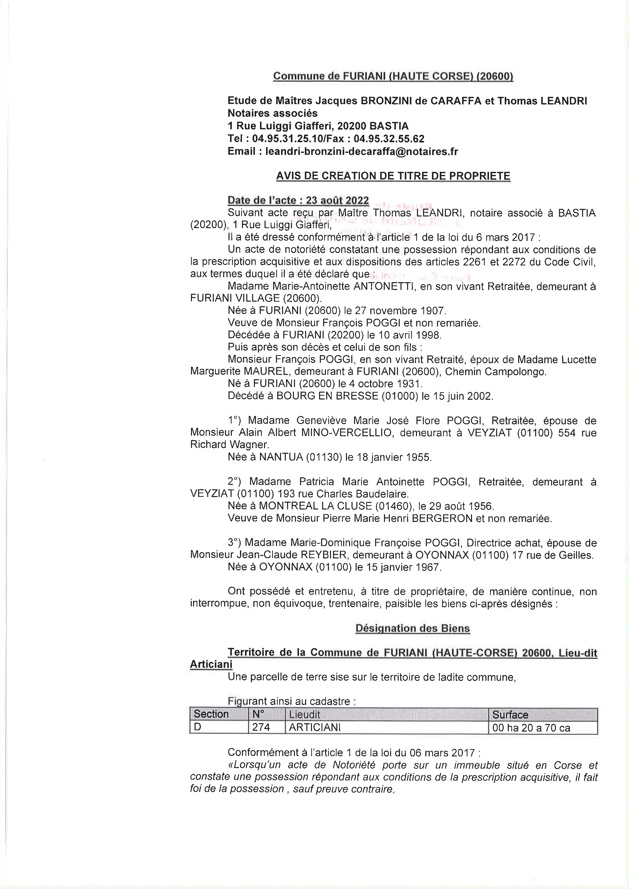 Avis de création de titre de propriété - Commune de Furiani (Haute-Corse)