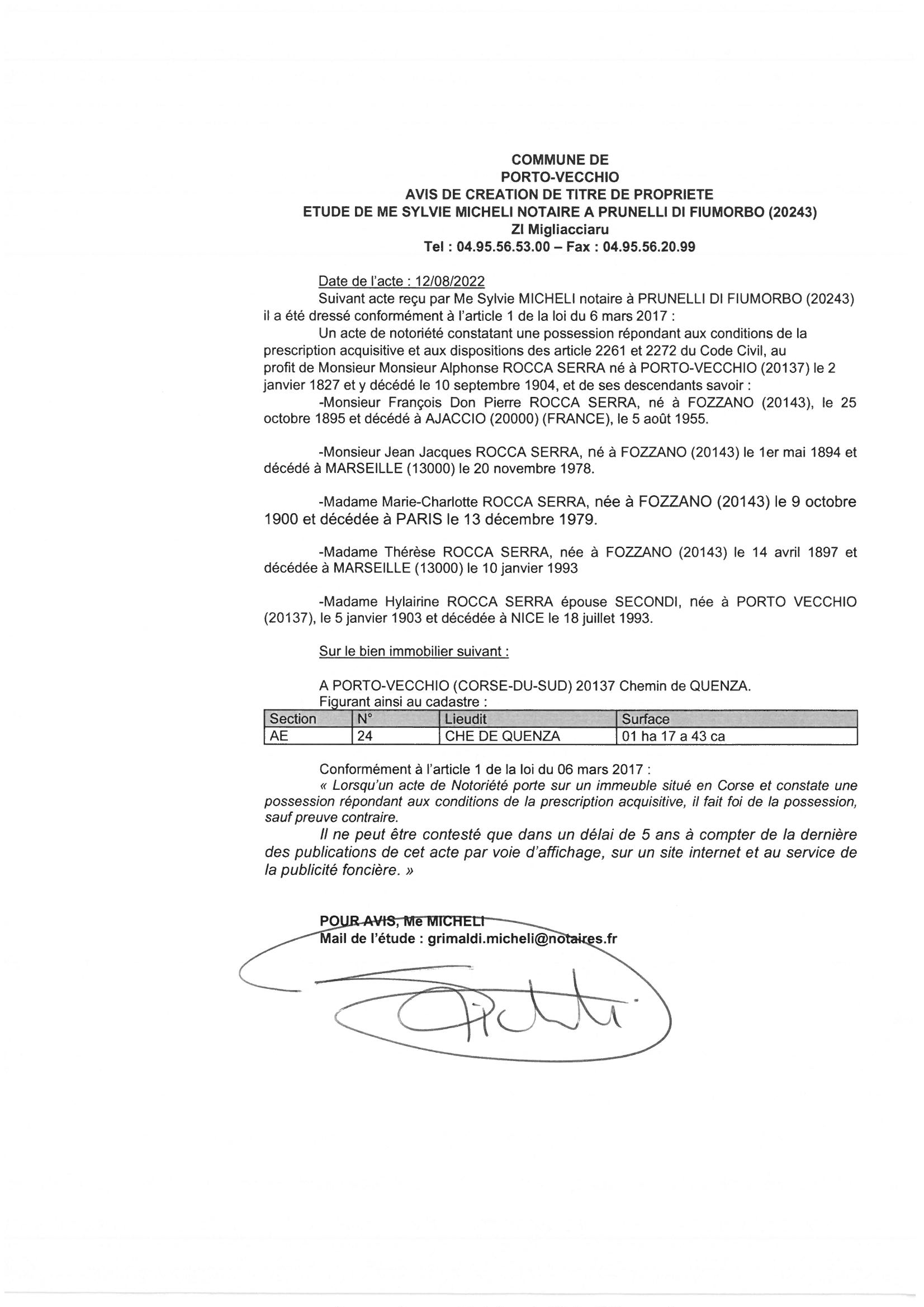 Avis de création de titre de propriété - Commune de Porto-Vecchio (Corse-du-Sud)