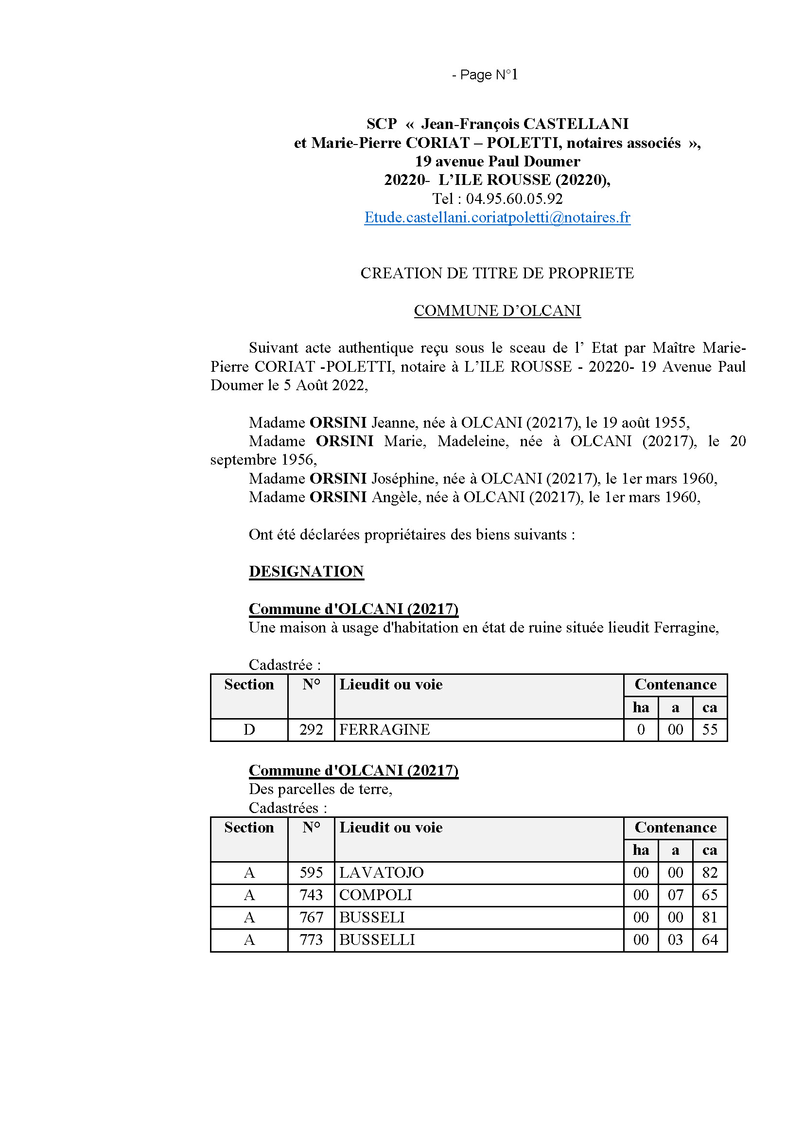 Avis de création de titre de propriété - Commune d'Olcani (Haute-Corse)