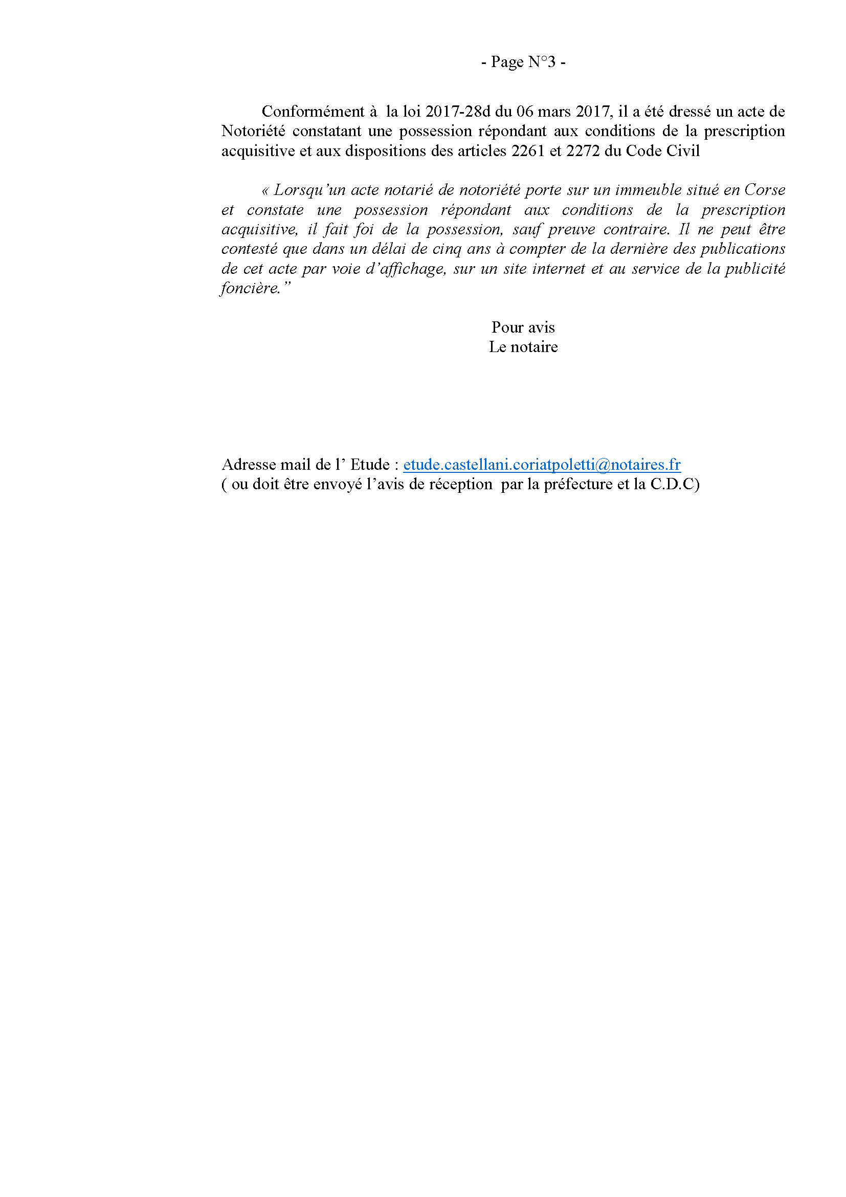 Avis de création de titre de propriété - Commune d'Olcani (Haute-Corse)