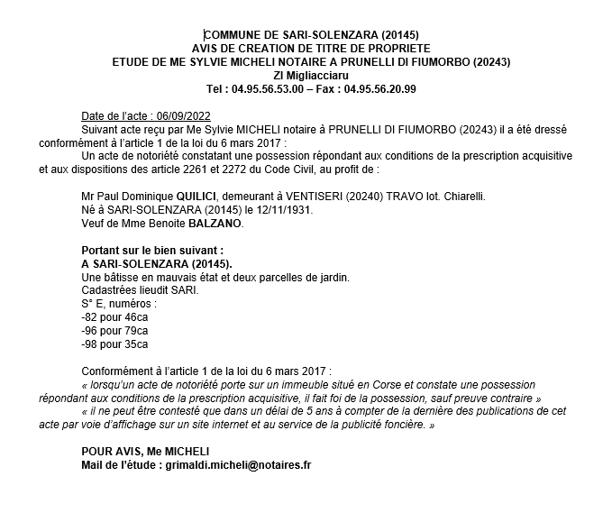 Avis de création de titre de propriété - Commune de Sari-Solenzara (Haute-Corse)