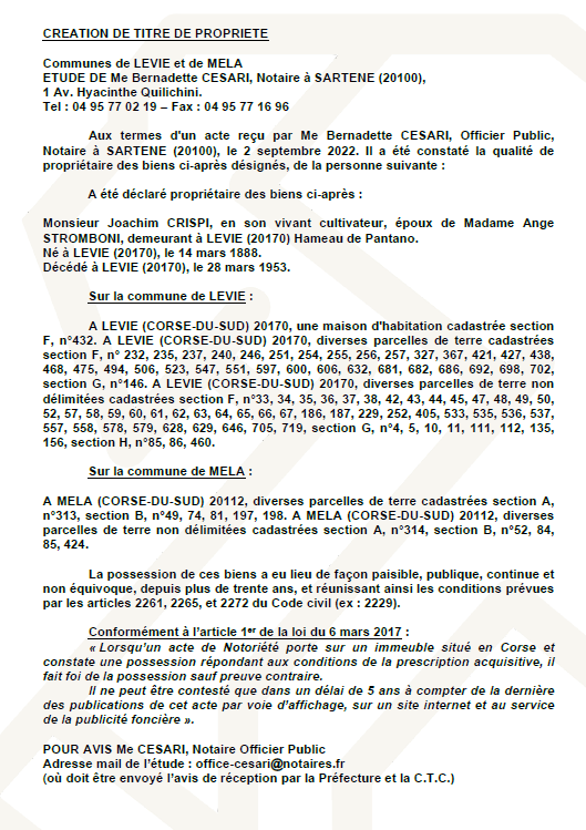 Avis de création de titre de propriété - Communes de Levie et Mela (Corse du Sud)