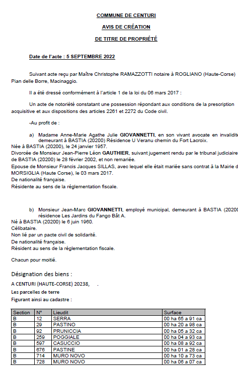 Avis de création de titre de propriété - Commune de Centuri (Haute-Corse)