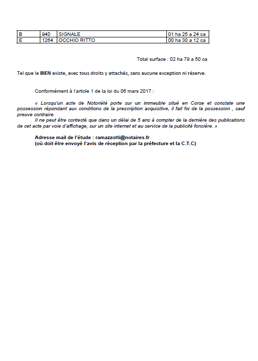 Avis de création de titre de propriété - Commune de Centuri (Haute-Corse)
