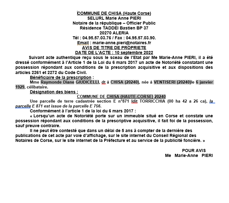 Avis de création de titre de propriété - Commune de Chisa (Haute-Corse)