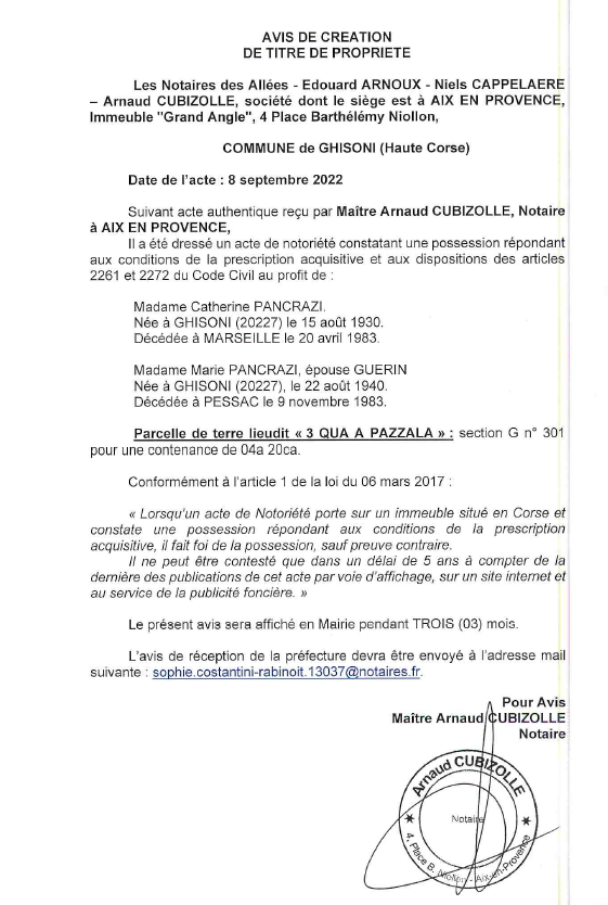 Avis de création de titre de propriété - Commune de Ghisoni (Haute-Corse)