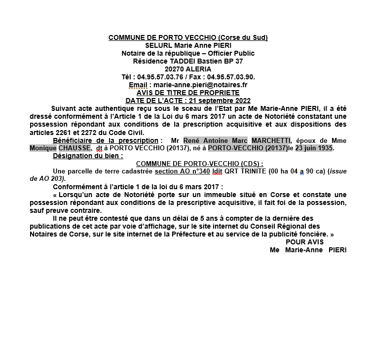 Avis de création de titre de propriété - Communes de Porto-Vecchio (Corse du Sud)