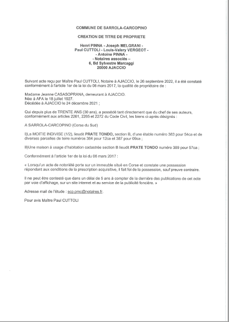  Avis de création de titre de propriété - Commune de Sarrola-Carcopino  (Corse-du-sud)